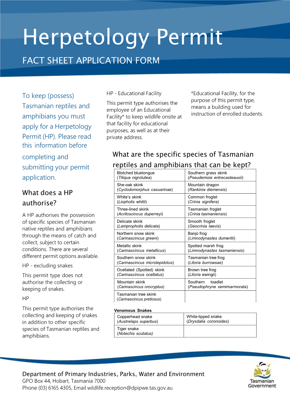 Herpetology Permit FACT SHEET APPLICATION FORM