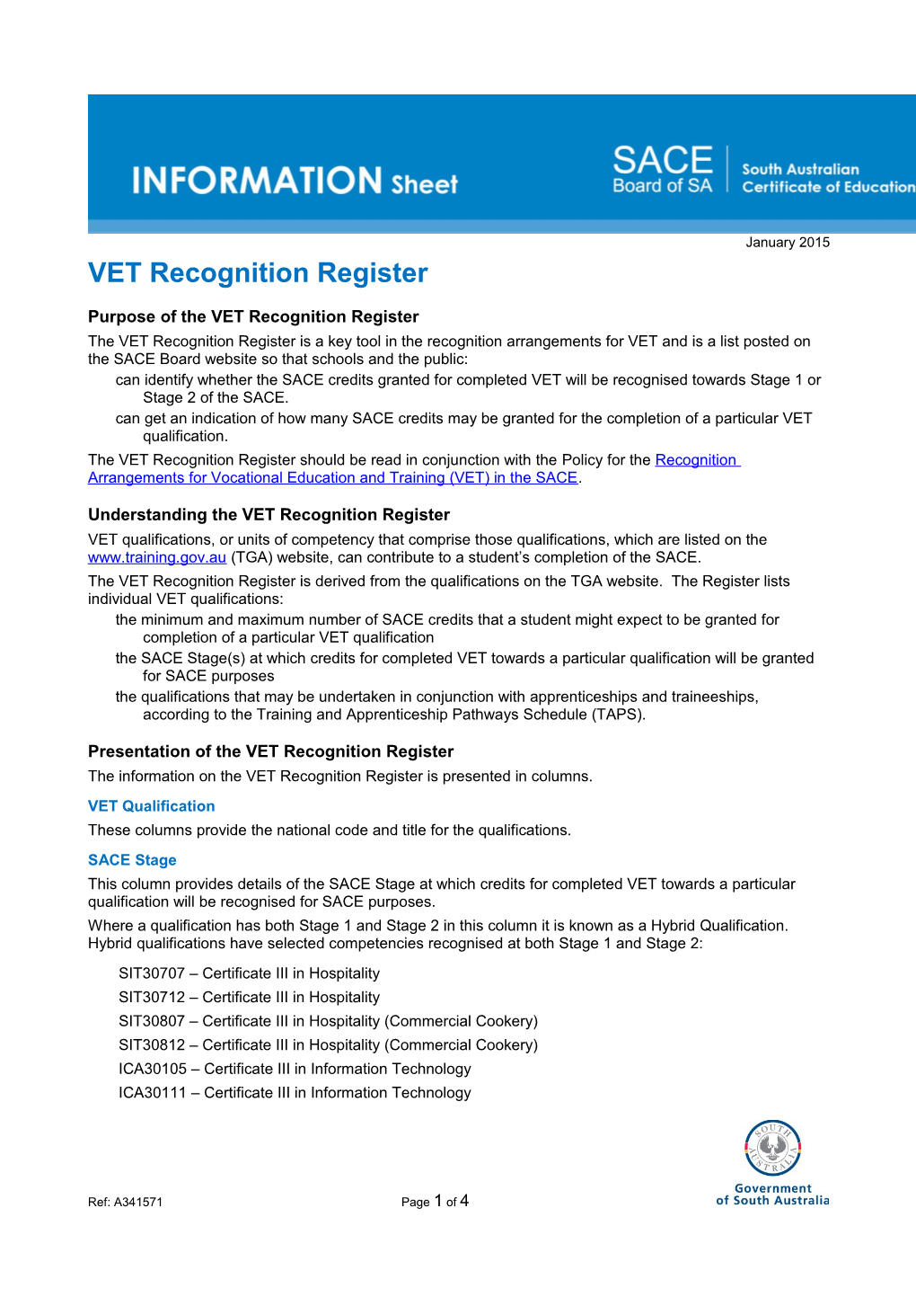 Purpose of the VET Recognition Register