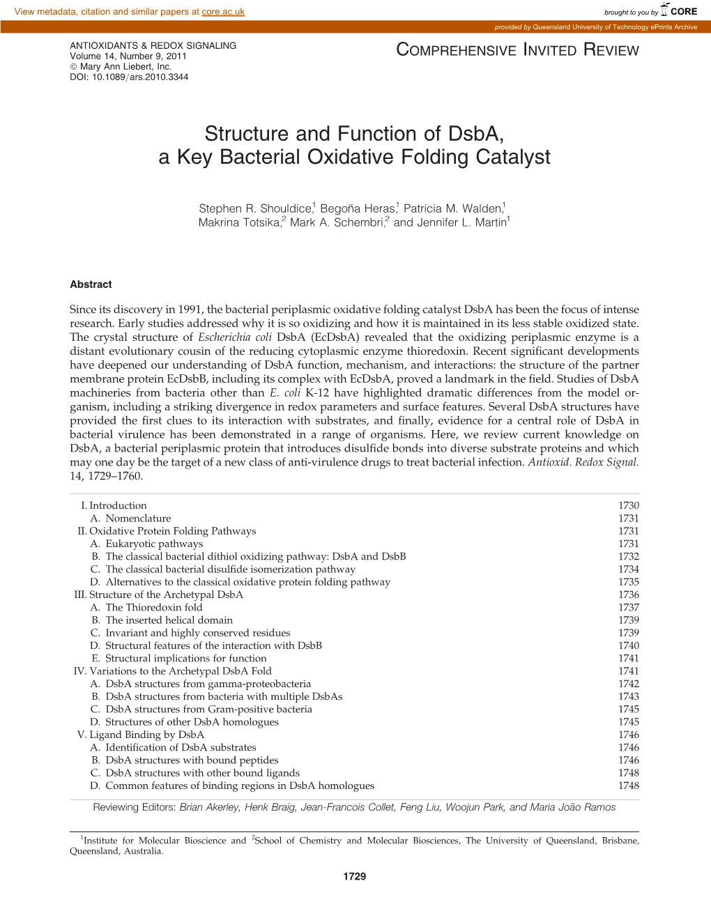 Structure and Function of Dsba, a Key Bacterial Oxidative Folding Catalyst