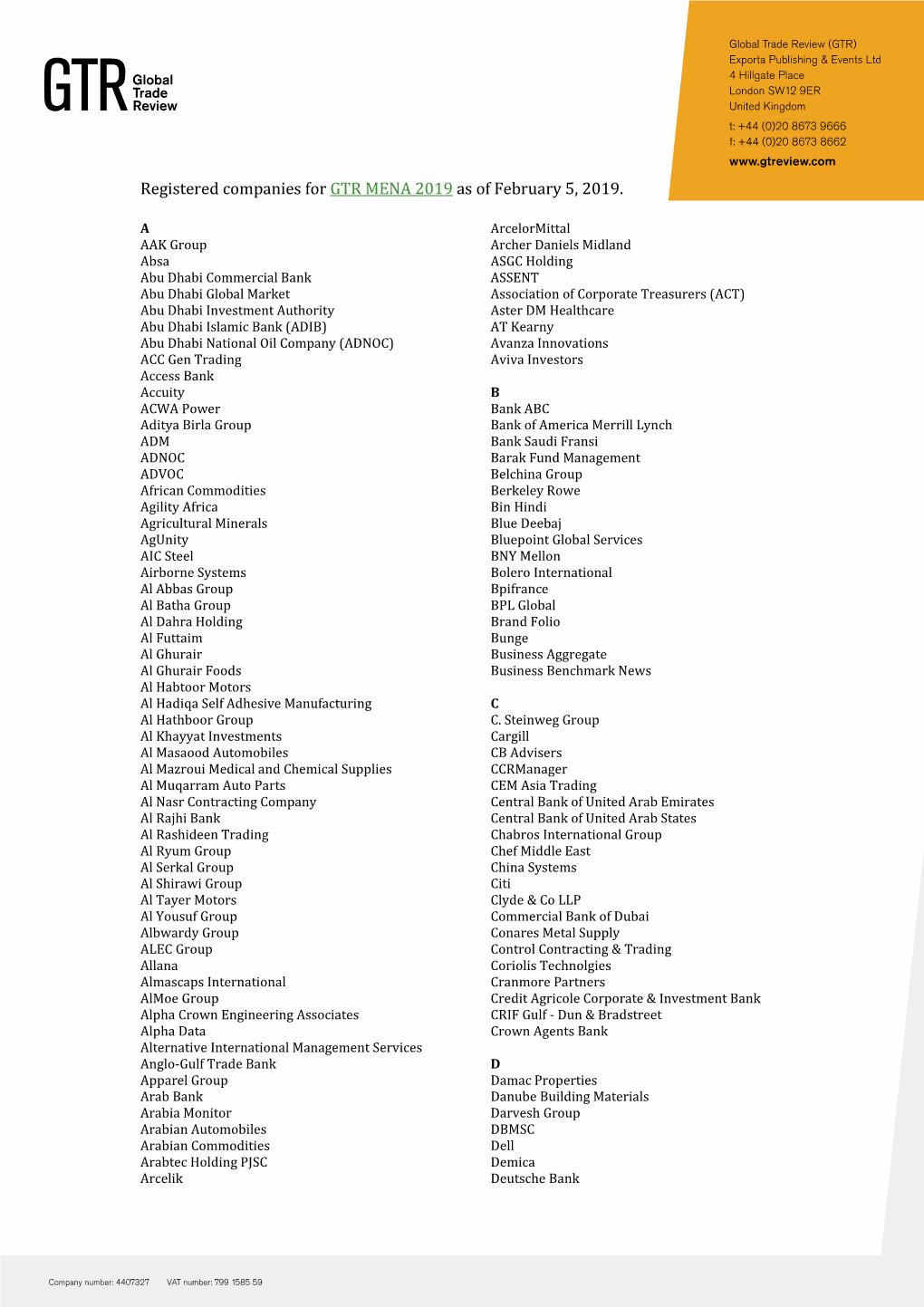 Registered Companies for GTR MENA 2019 As of February 5, 2019