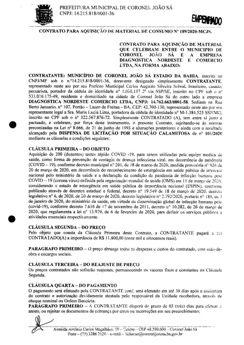 Waffico CONTRATO PARA AQUISIÇÃO DE MATERIAL DE CONSUMO IN° I89/2020-MCJS