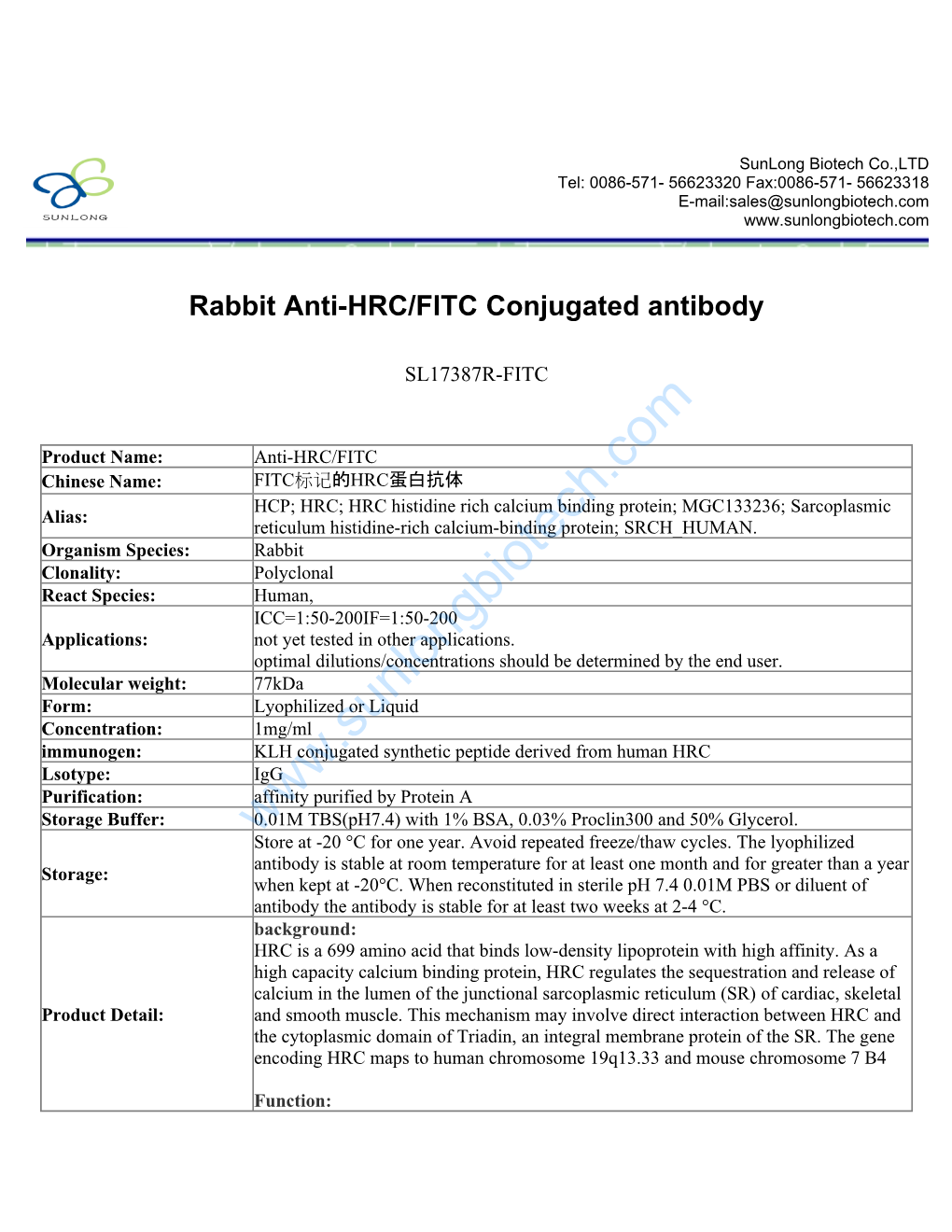 Rabbit Anti-HRC/FITC Conjugated Antibody