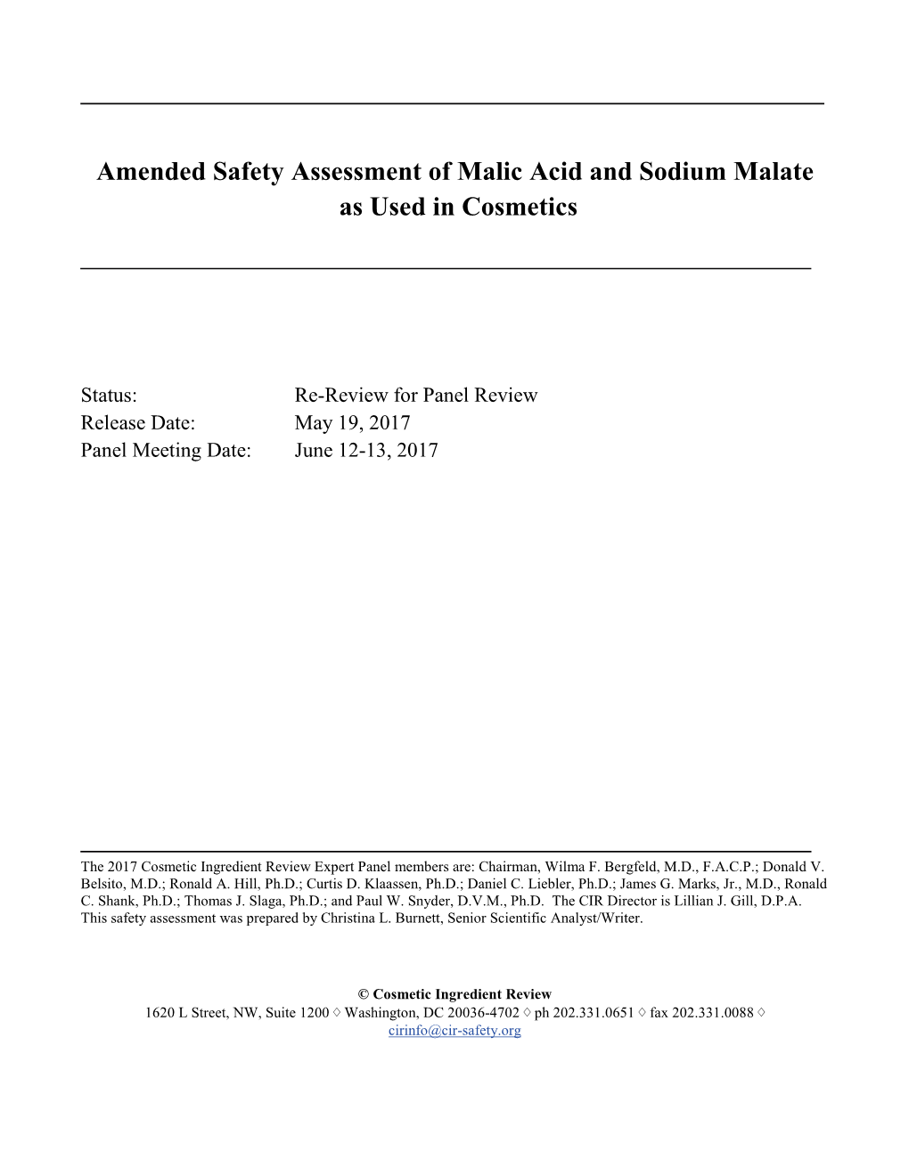 Amended Safety Assessment of Malic Acid and Sodium Malate As Used in Cosmetics