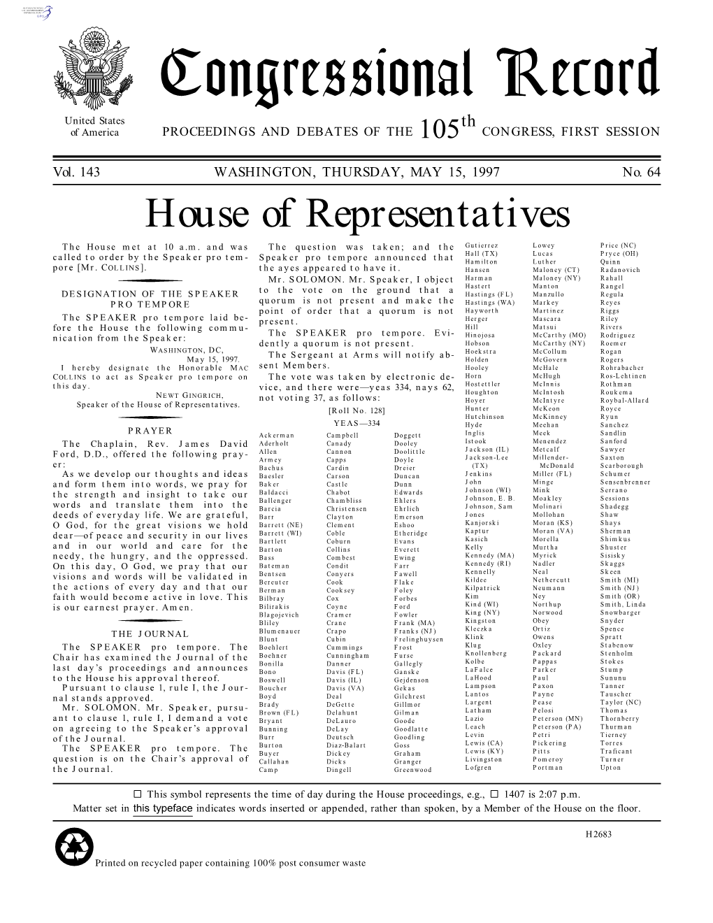 Congressional Record United States Th of America PROCEEDINGS and DEBATES of the 105 CONGRESS, FIRST SESSION