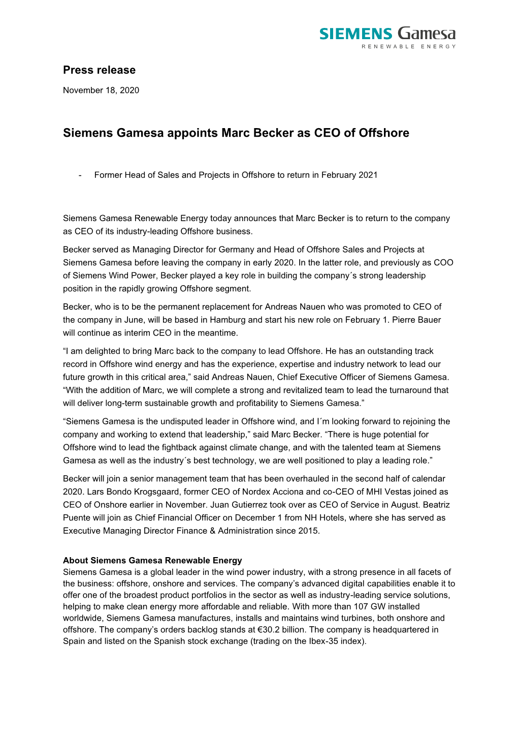 Siemens Gamesa Appoints Marc Becker As CEO of Offshore