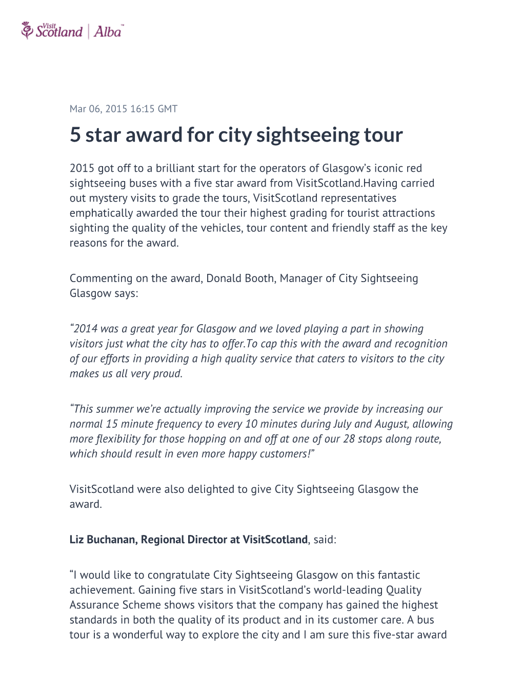 5 Star Award for City Sightseeing Tour