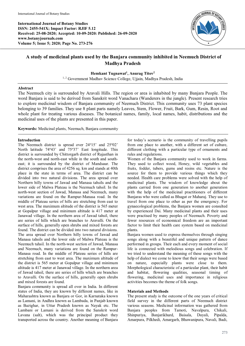 A Study of Medicinal Plants Used by the Banjara Community Inhibited in Neemuch District of Madhya Pradesh