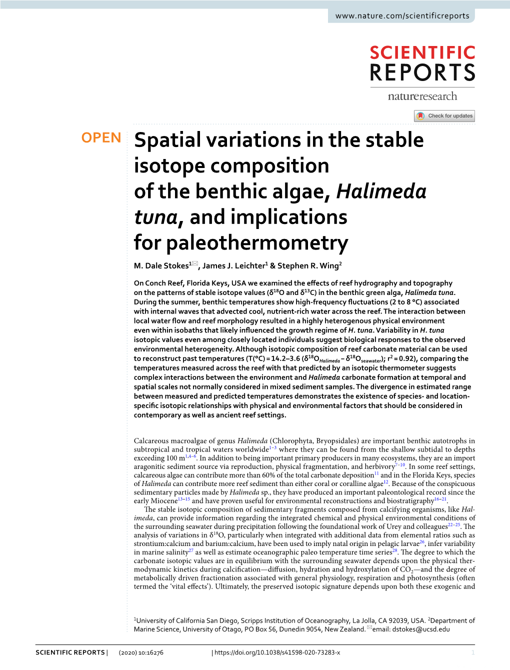 Spatial Variations in the Stable Isotope Composition of the Benthic Algae, Halimeda Tuna, and Implications for Paleothermometry M