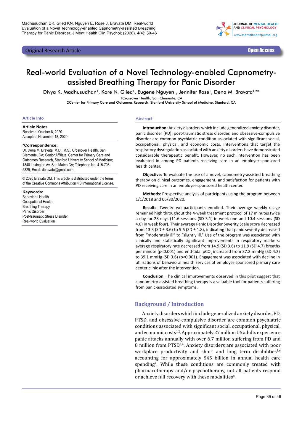 Real-World Evaluation of a Novel Technology-Enabled Capnometry- Assisted Breathing Therapy for Panic Disorder Divya K