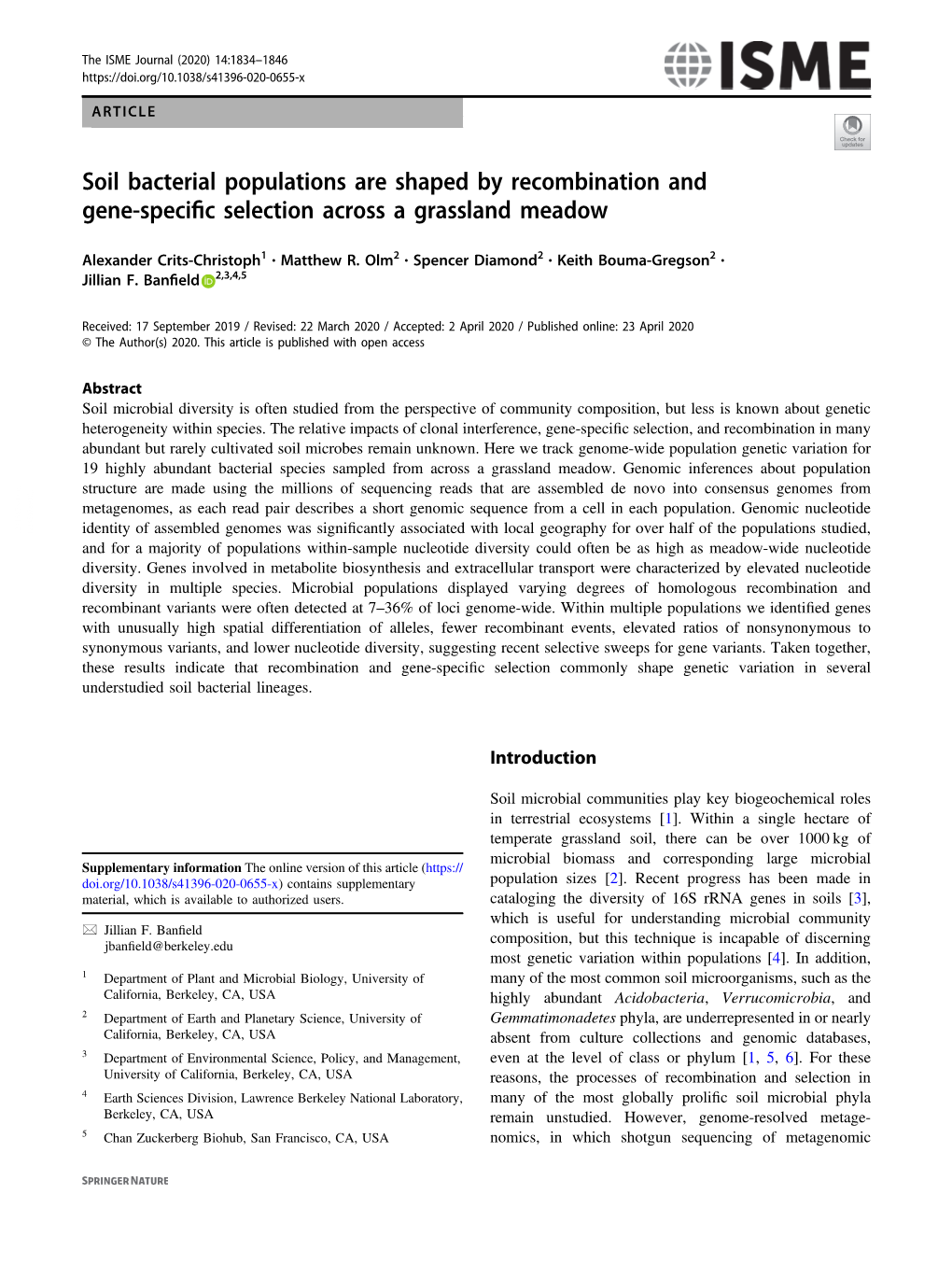 Soil Bacterial Populations Are Shaped by Recombination and Gene-Specific