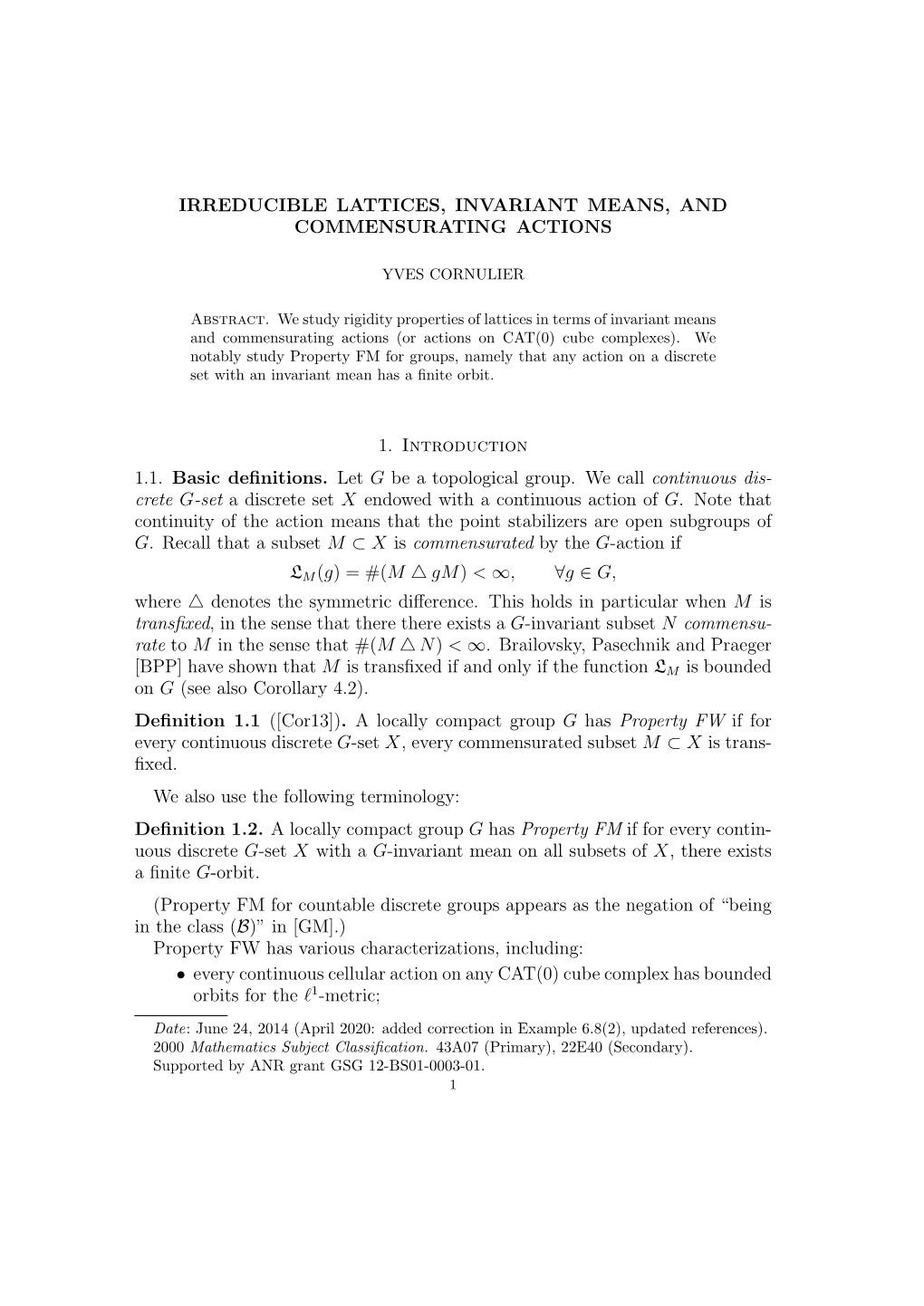 Irreducible Lattices, Invariant Means, and Commensurating Actions