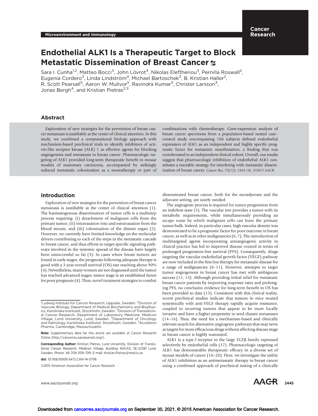 Endothelial ALK1 Is a Therapeutic Target to Block Metastatic Dissemination of Breast Cancer Sara I