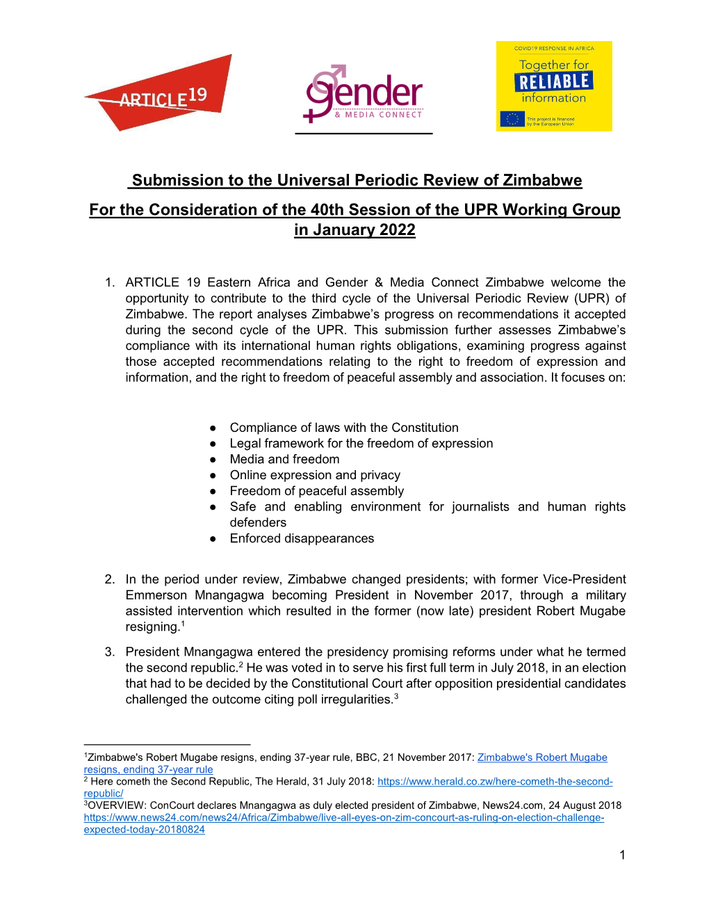 Submission to the Universal Periodic Review of Zimbabwe for the Consideration of the 40Th Session of the UPR Working Group in January 2022