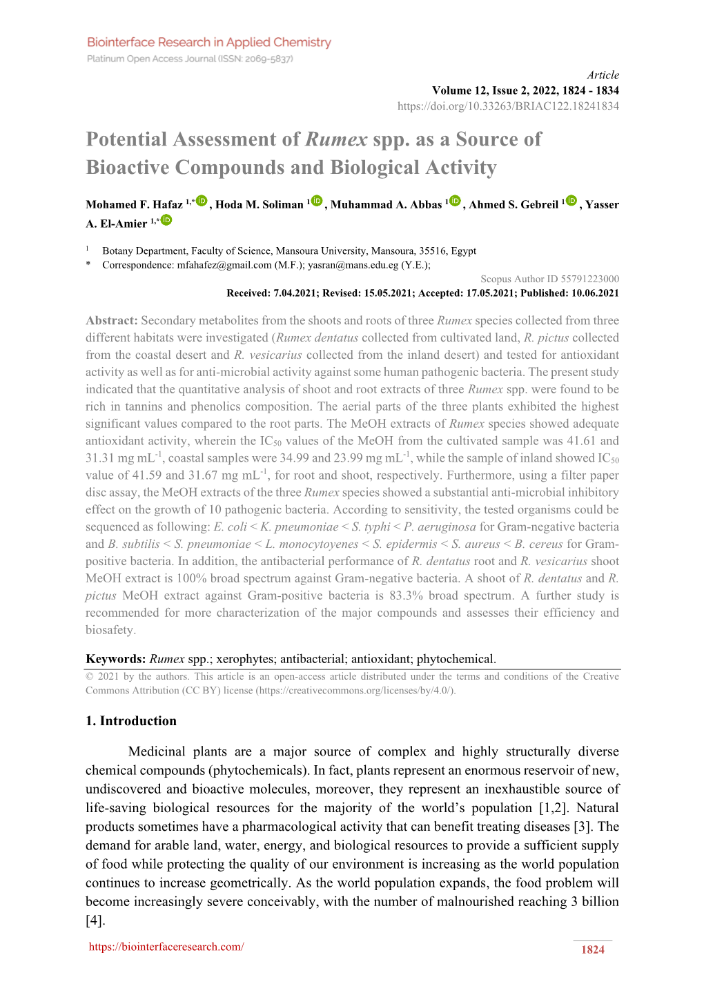 Potential Assessment of Rumex Spp. As a Source of Bioactive Compounds and Biological Activity