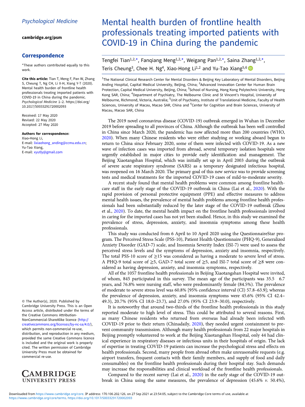 Mental Health Burden of Frontline Health Professionals Treating