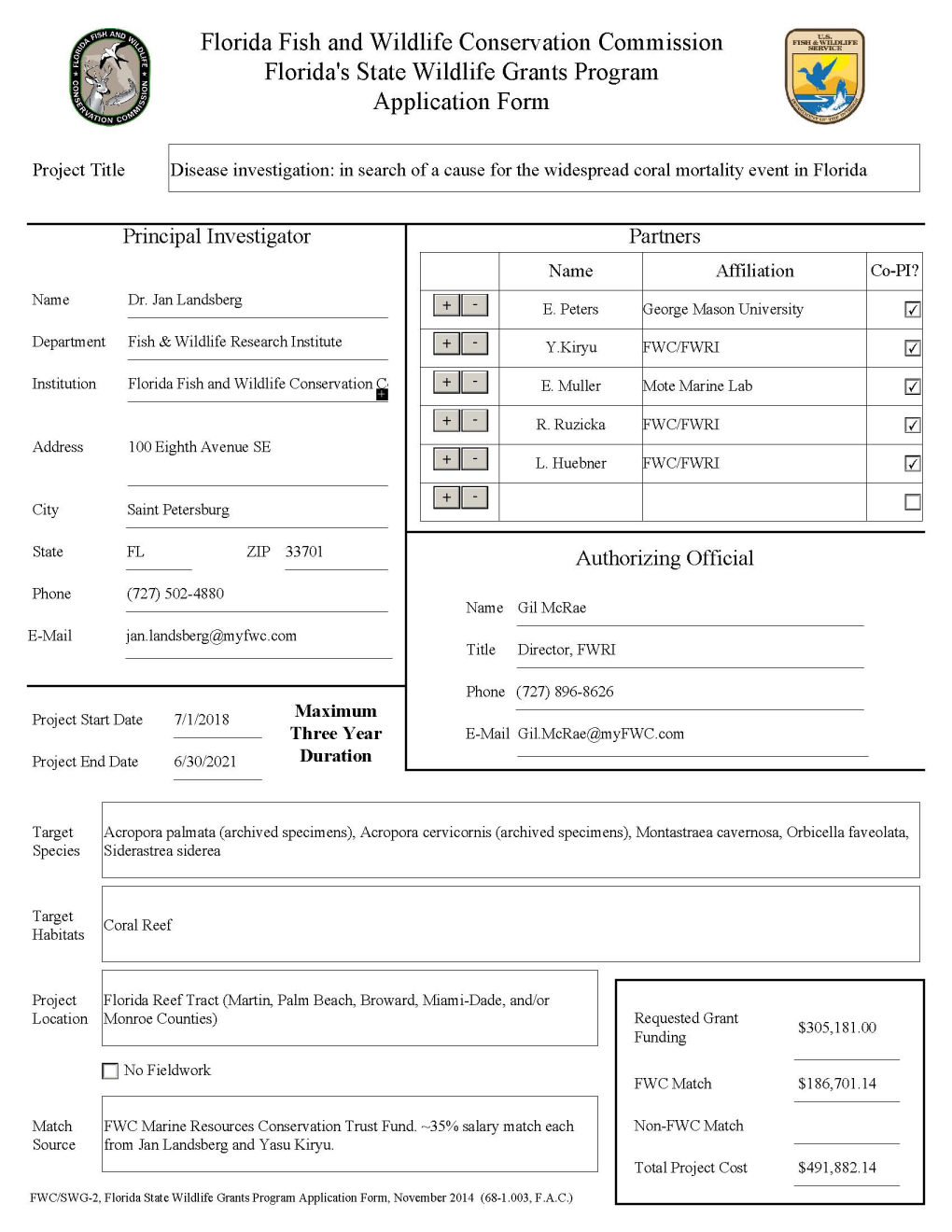 Grant Application for SCTLD Investigation