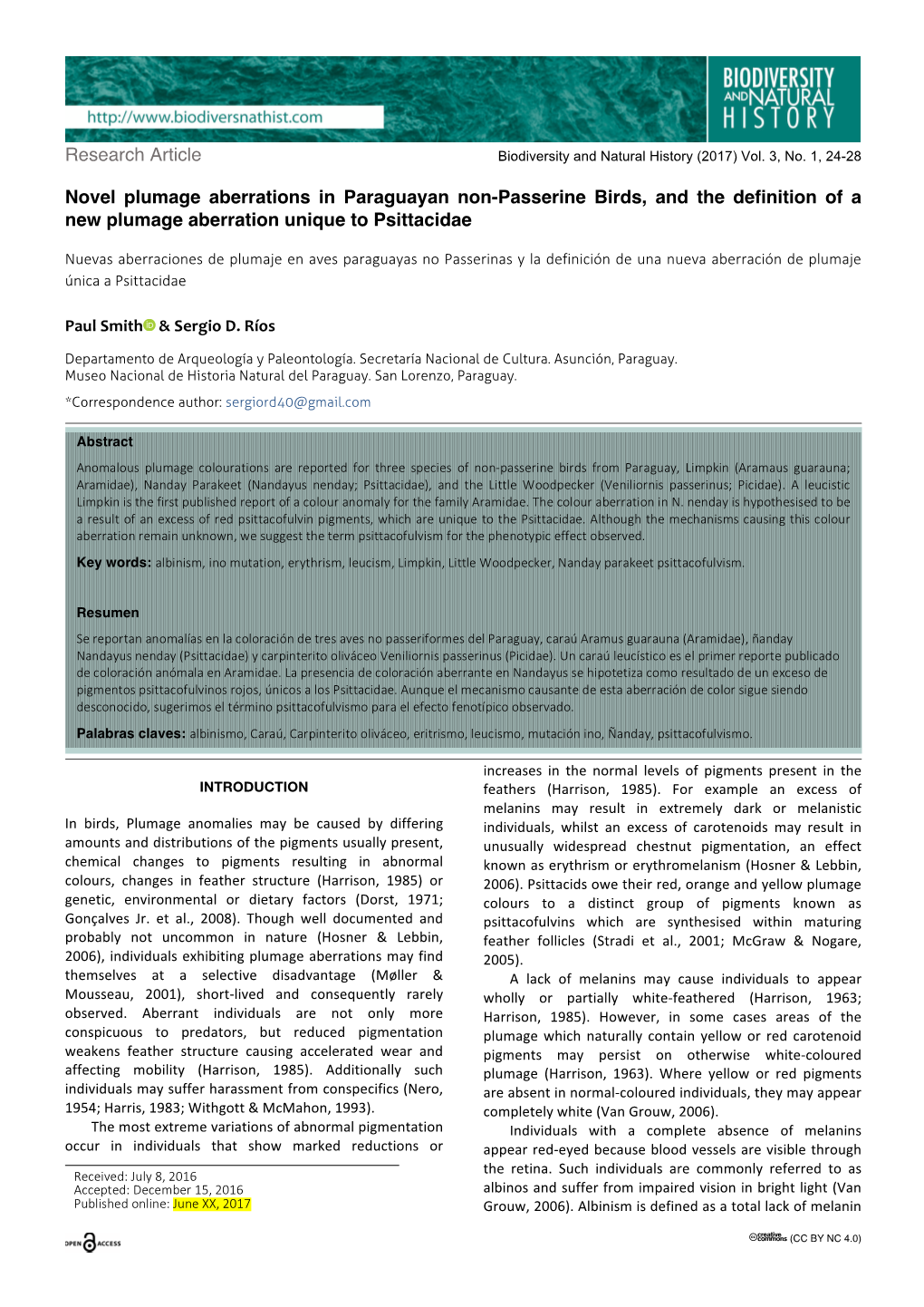 Novel Plumage Aberrations in Paraguayan Non-Passerine Birds, and the Definition of a New Plumage Aberration Unique to Psittacidae