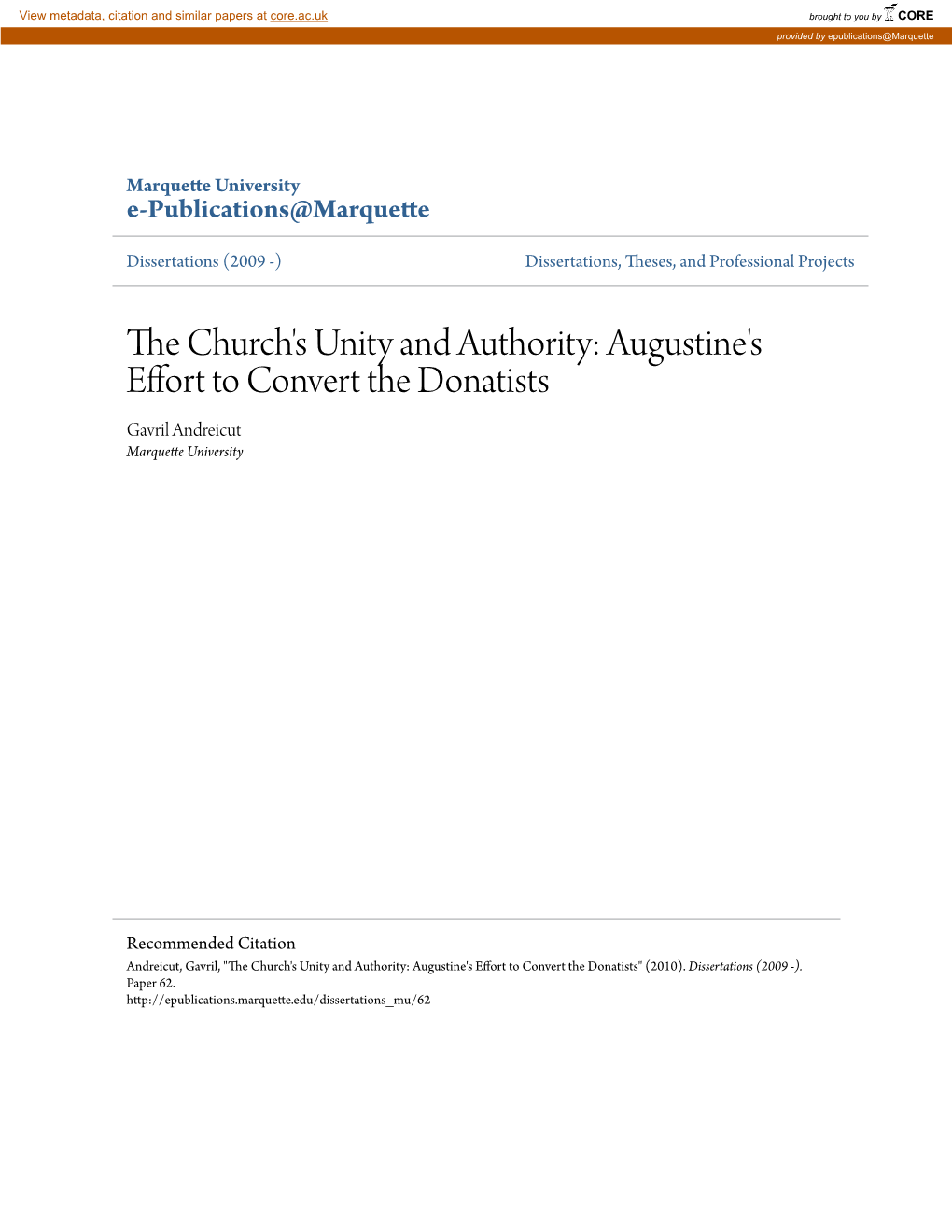 The Church's Unity and Authority: Augustine's Effort to Convert The