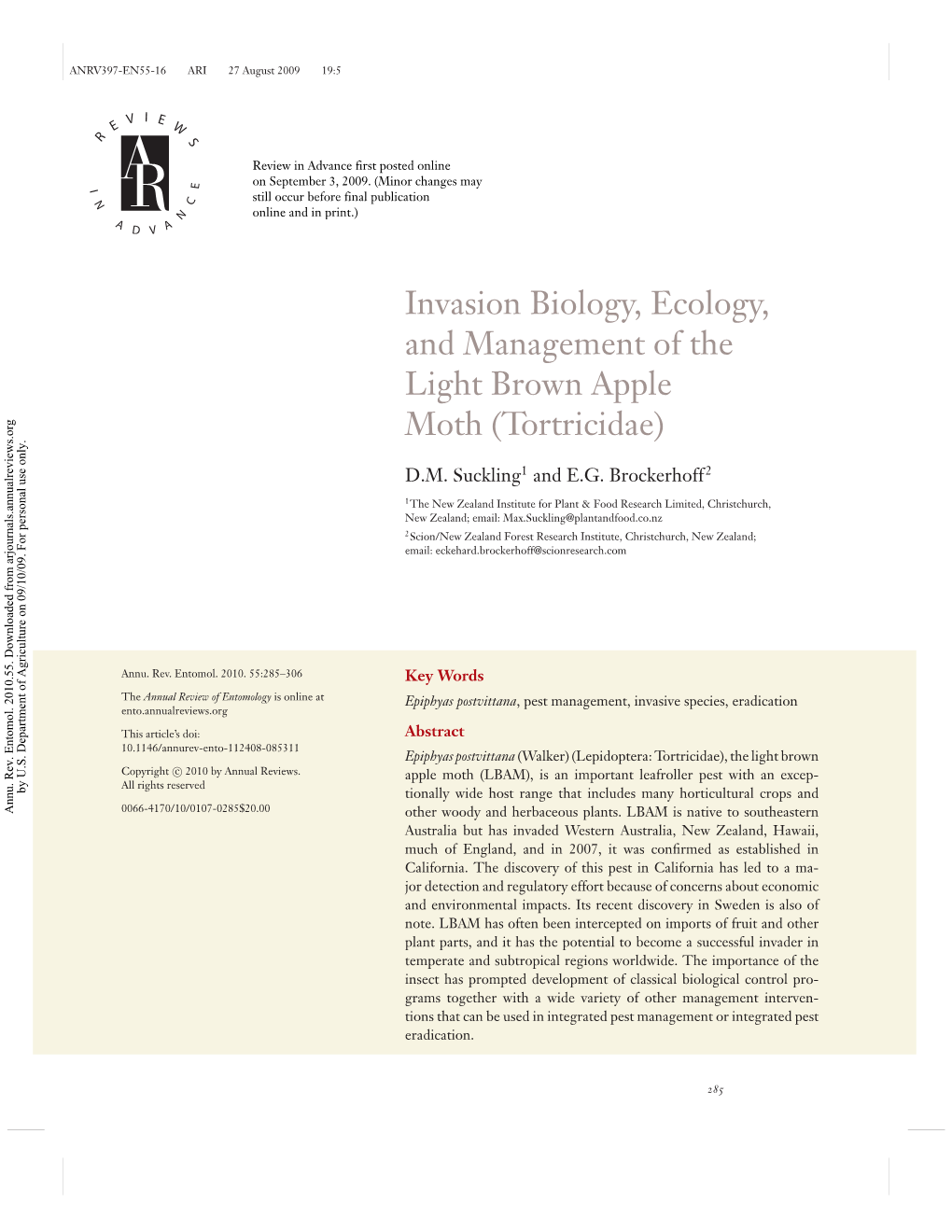 Invasion Biology, Ecology, and Management of the Light Brown Apple Moth (Tortricidae)