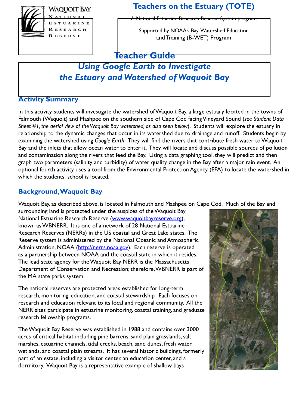 Teacher Guide Using Google Earth to Investigate the Estuary and Watershed of Waquoit Bay
