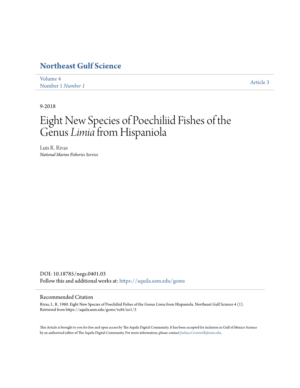 Eight New Species of Poechiliid Fishes of the Genus Limia from Hispaniola Luis R