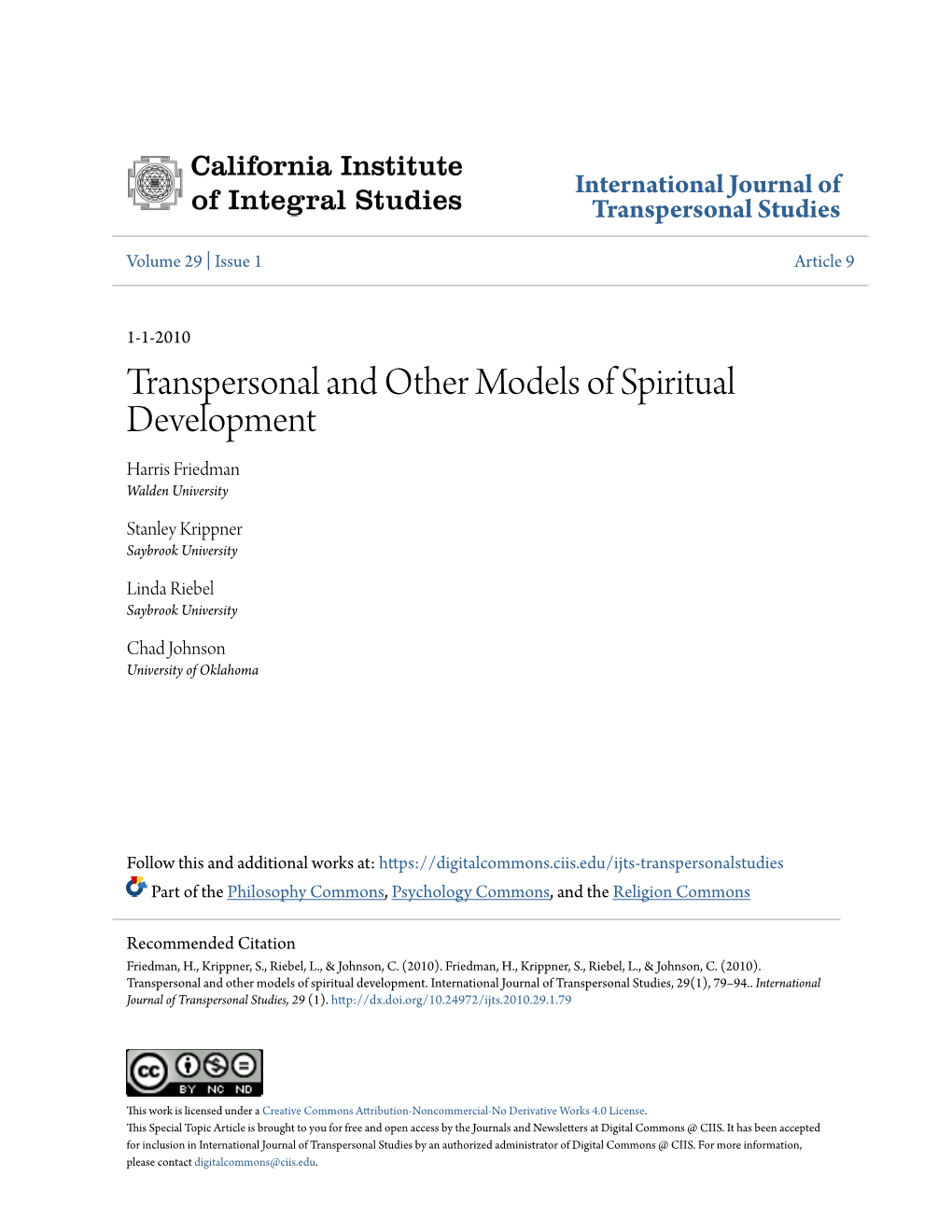 Transpersonal and Other Models of Spiritual Development Harris Friedman Walden University