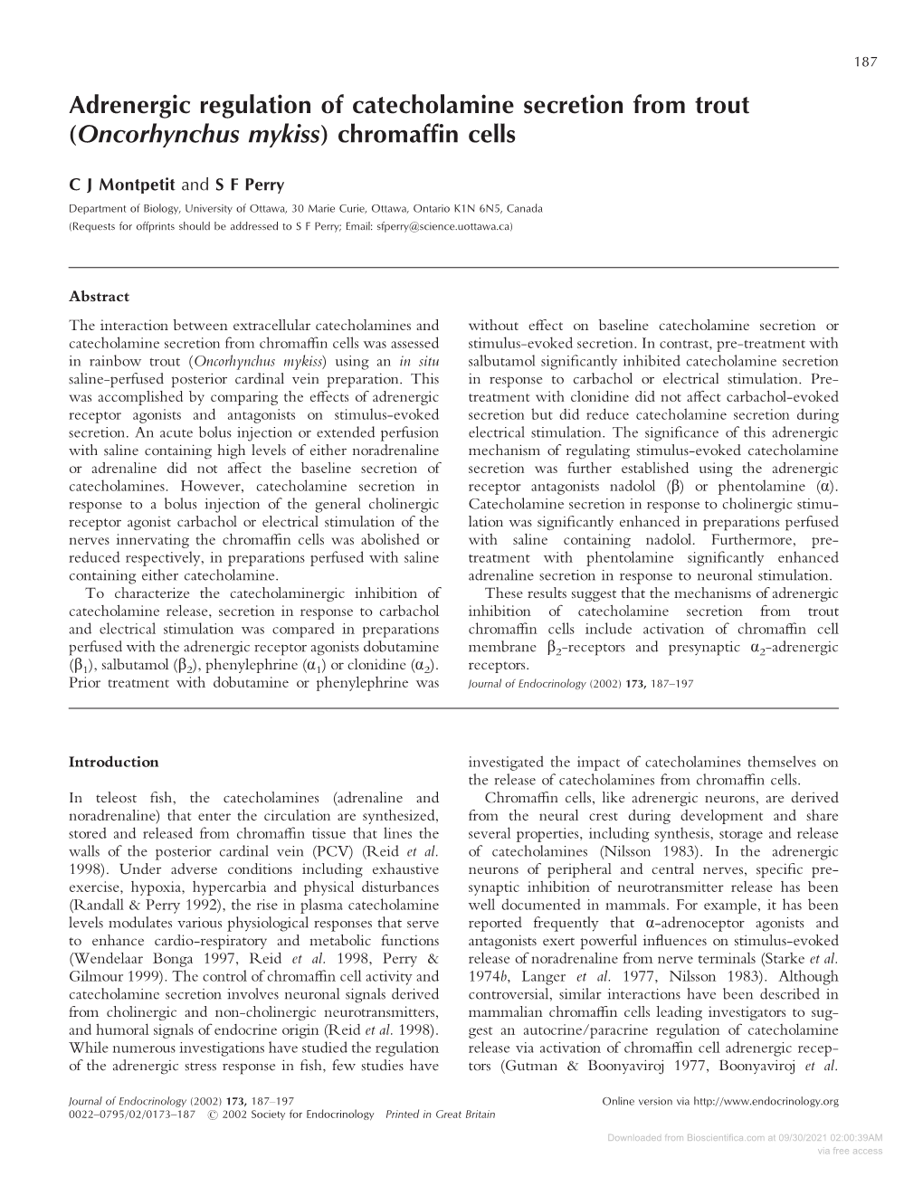 Adrenergic Regulation of Catecholamine Secretion from Trout (Oncorhynchus Mykiss) Chromaffin Cells