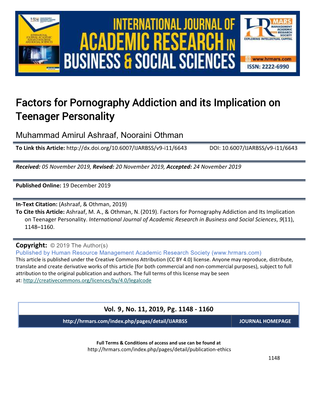 Factors for Pornography Addiction and Its Implication on Teenager Personality