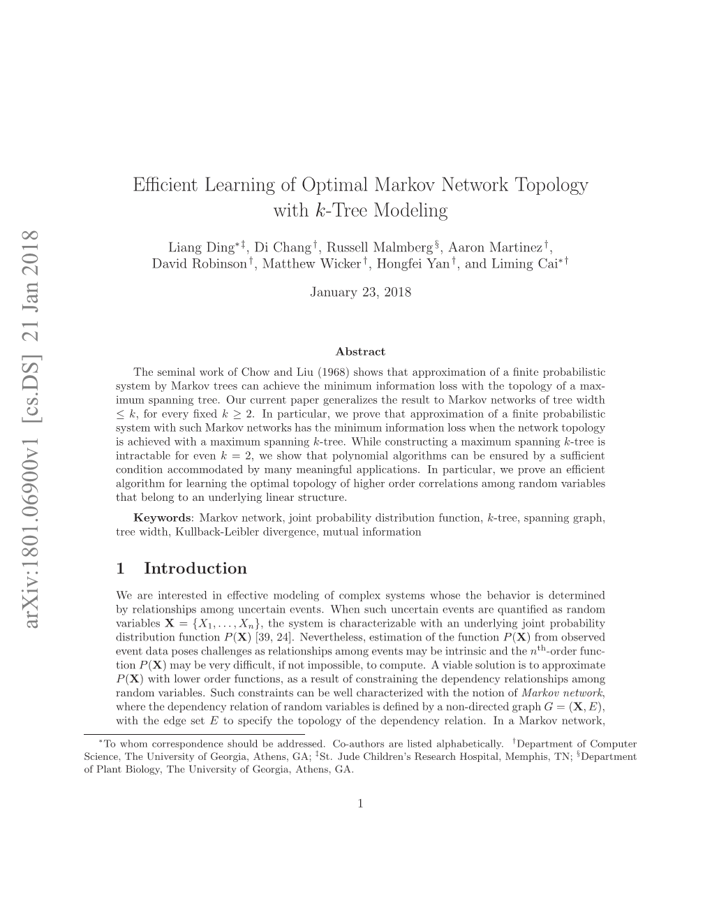 Efficient Learning of Optimal Markov Network Topology with K-Tree Modeling