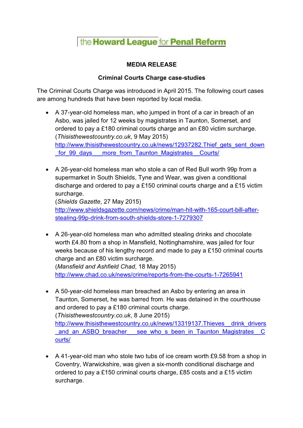 MEDIA RELEASE Criminal Courts Charge Case-Studies the Criminal