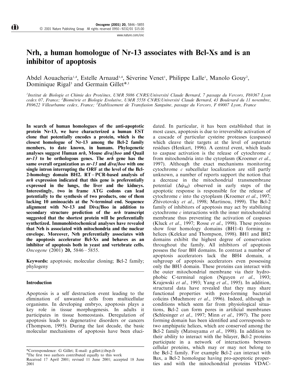 Nrh, a Human Homologue of Nr-13 Associates with Bcl-Xs and Is an Inhibitor of Apoptosis