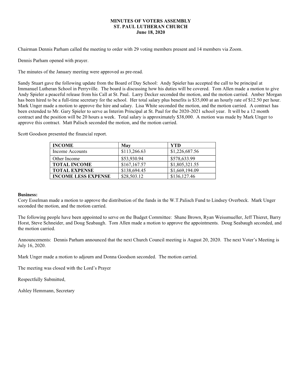 MINUTES of VOTERS ASSEMBLY ST. PAUL LUTHERAN CHURCH June 18, 2020