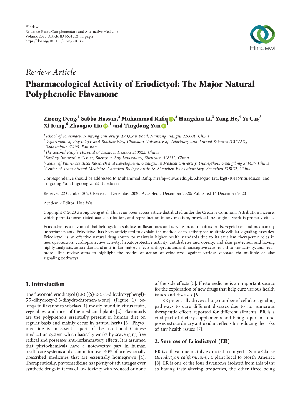 Pharmacological Activity of Eriodictyol: the Major Natural Polyphenolic Flavanone
