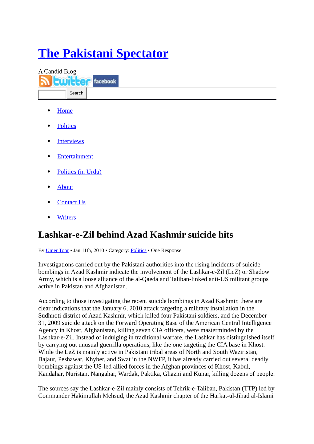 Lashkar-E-Zil Behind Azad Kashmir Suicide Hits