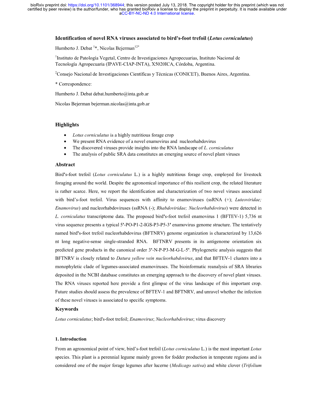 Identification of Novel RNA Viruses Associated to Bird's-Foot Trefoil (Lotus Corniculatus)