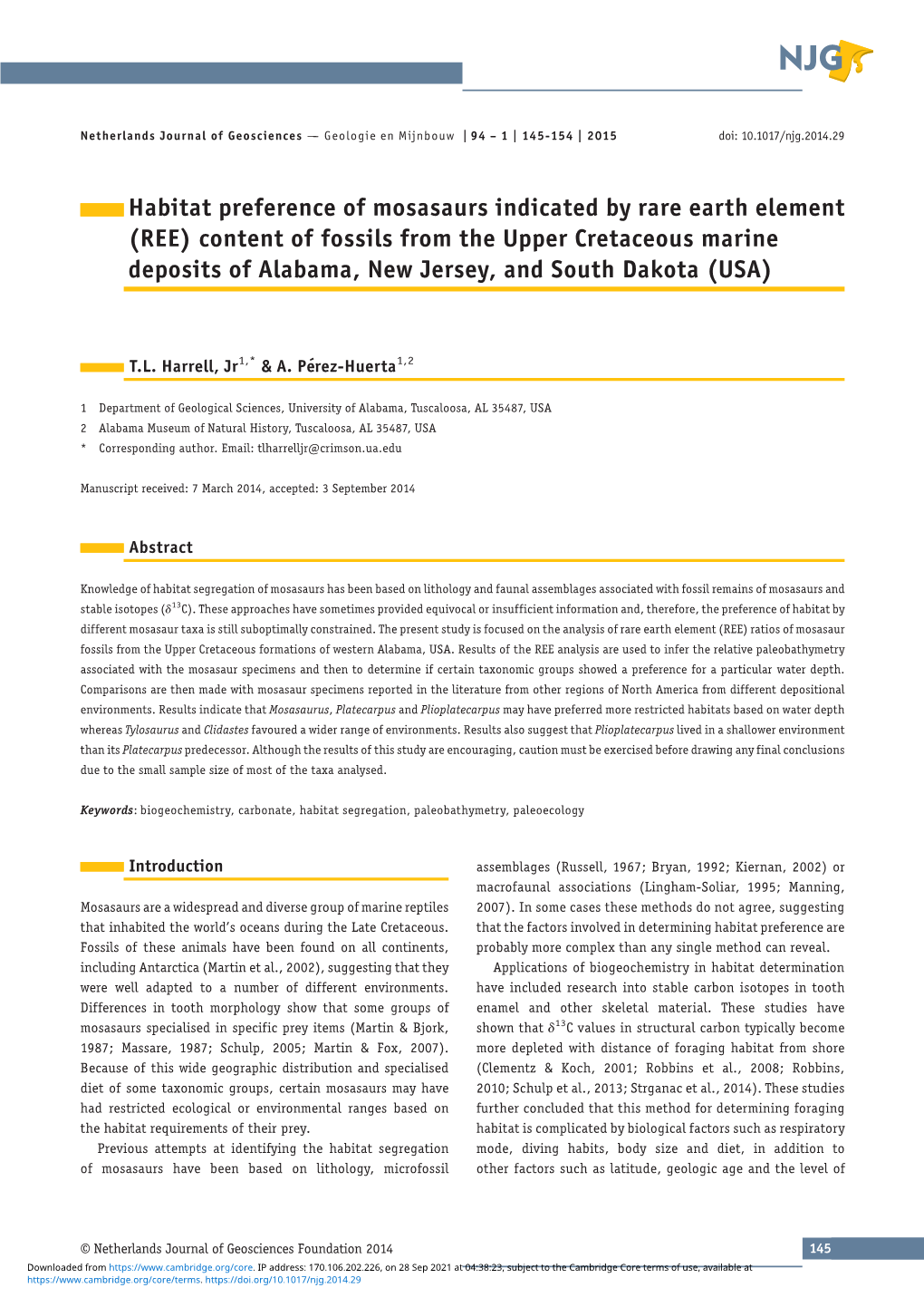 Habitat Preference of Mosasaurs Indicated by Rare Earth Element