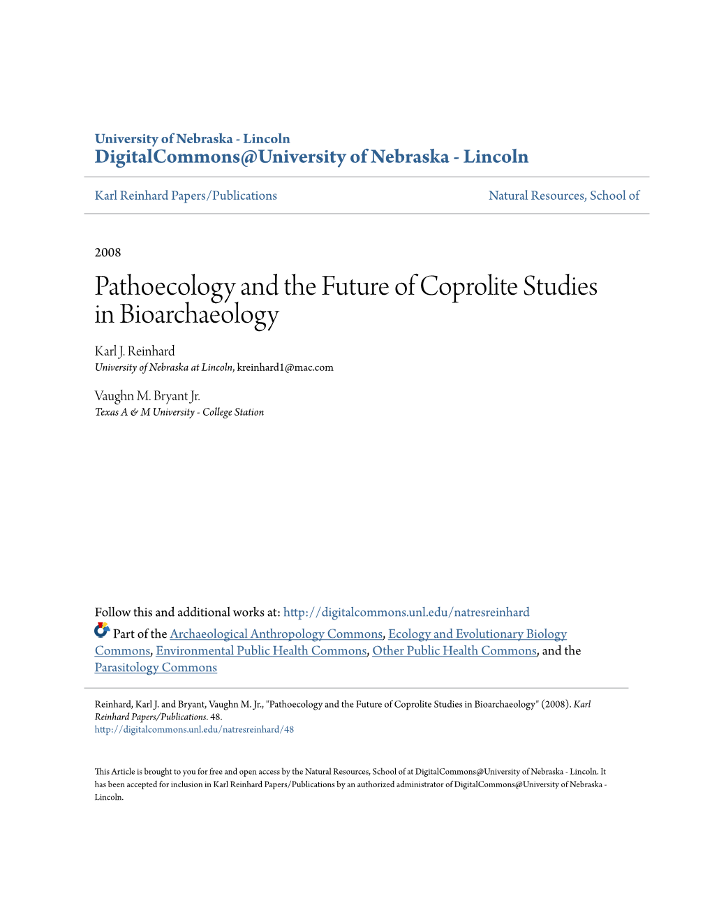 Pathoecology and the Future of Coprolite Studies in Bioarchaeology Karl J
