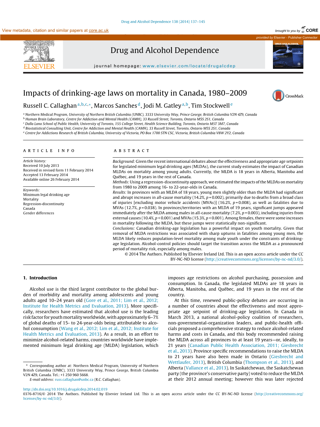 Impacts of Drinking-Age Laws on Mortality in Canada, 1980–2009