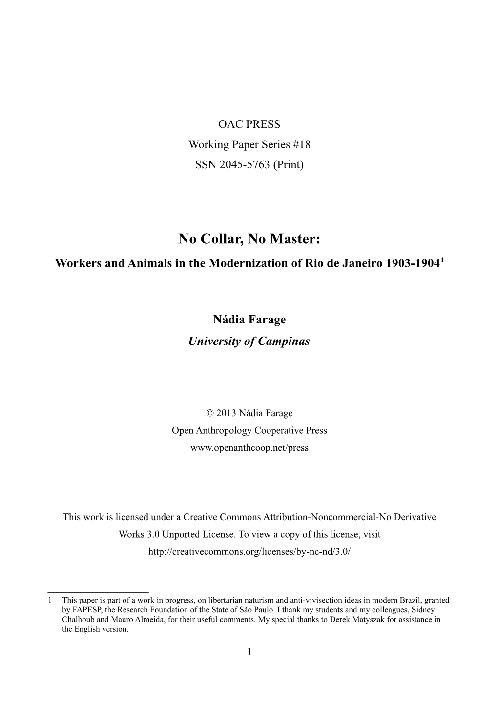No Collar, No Master: Workers and Animals in the Modernization of Rio De Janeiro 1903-19041