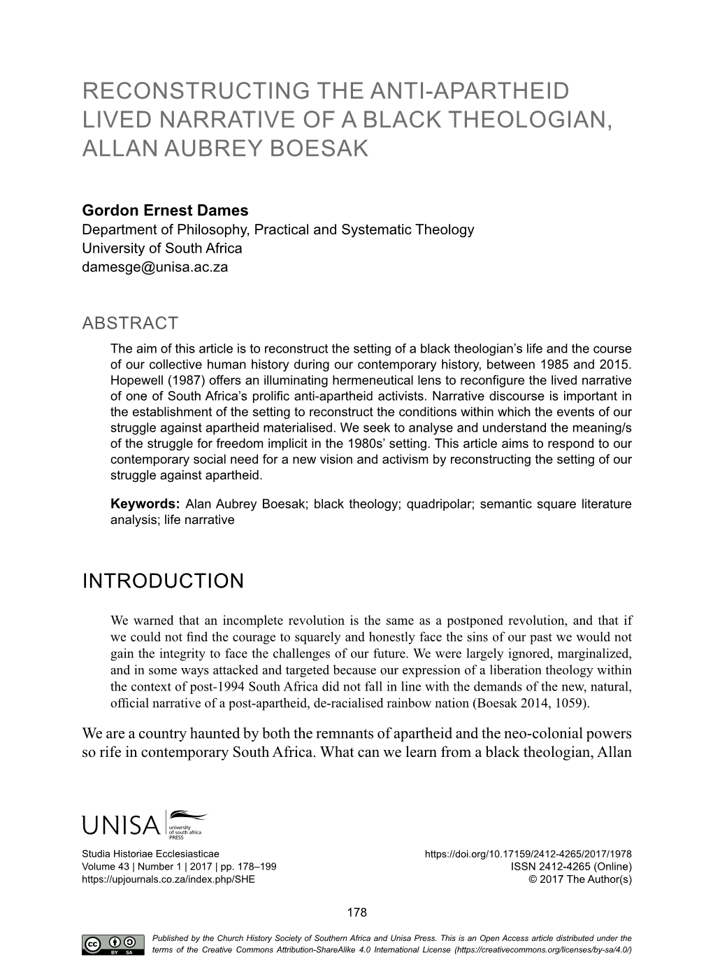 Reconstructing the Anti-Apartheid Lived Narrative of a Black Theologian, Allan Aubrey Boesak