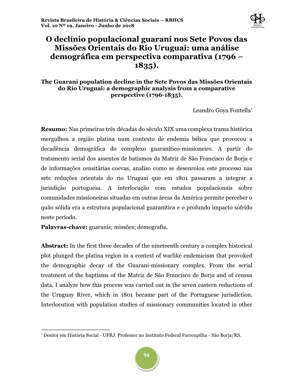 O Declínio Populacional Guarani Nos Sete Povos Das Missões Orientais Do Rio Uruguai: Uma Análise Demográfica Em Perspectiva Comparativa (1796 – 1835)