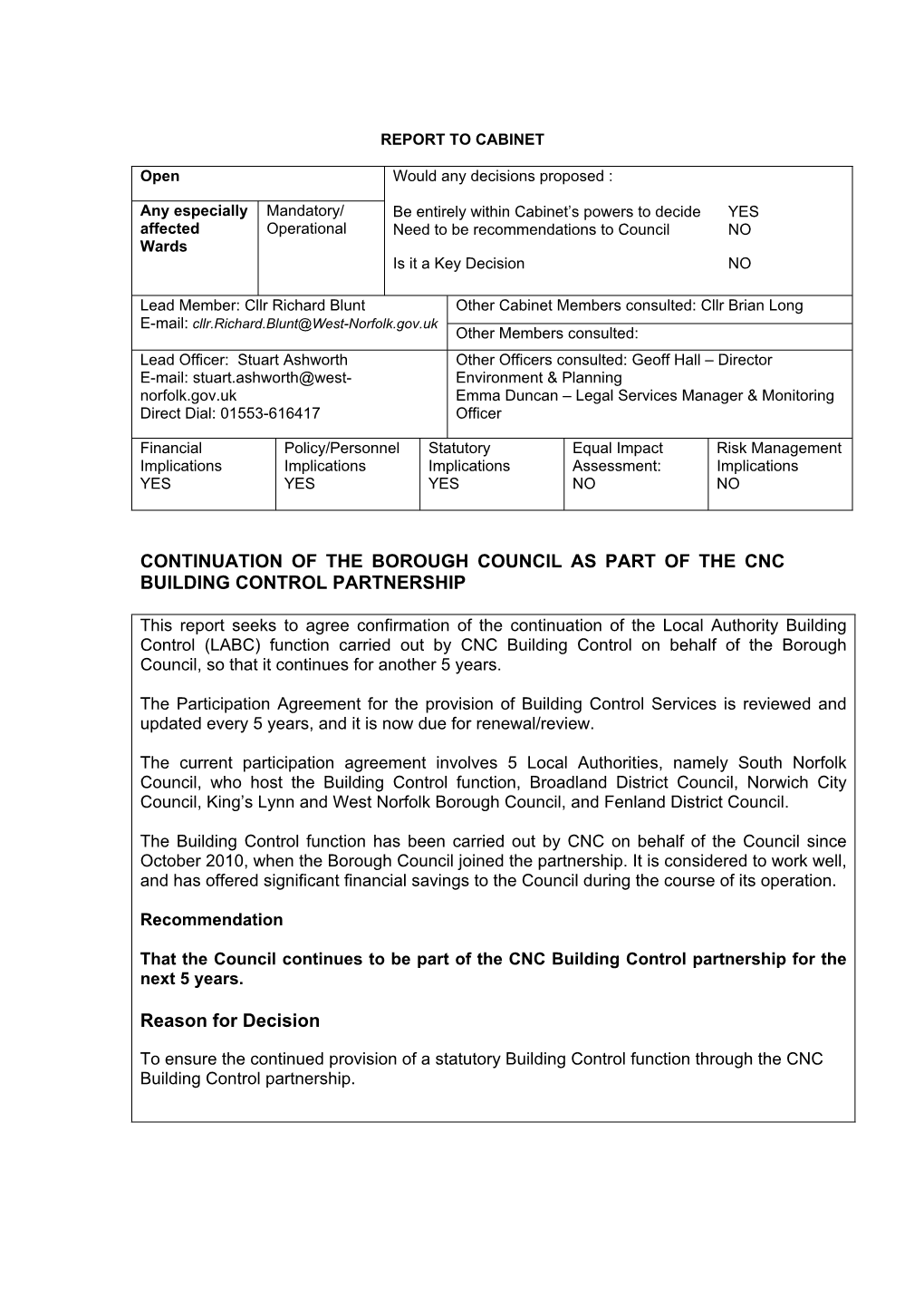 Continuation of the Borough Council As Part of the Cnc Building Control Partnership Pdf 146 Kb