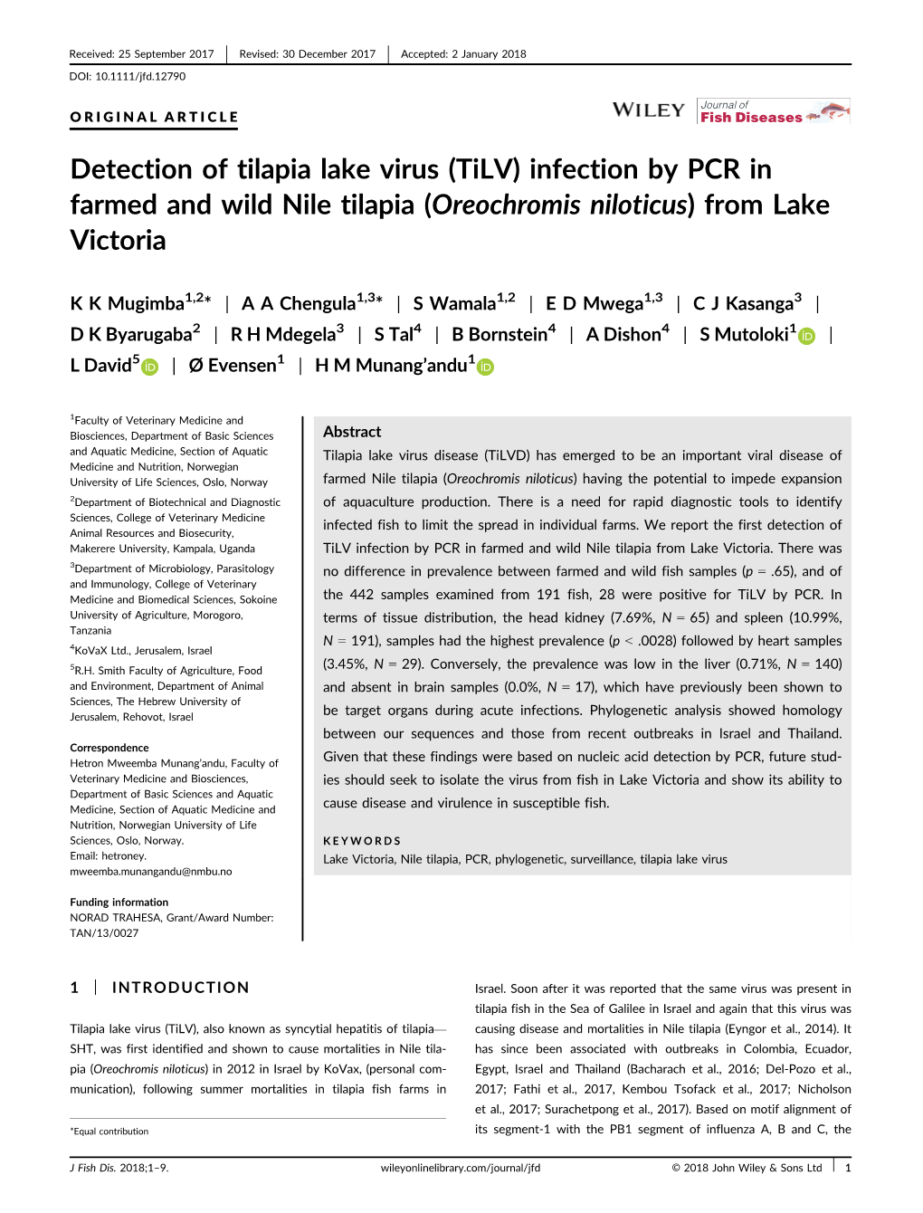 (Tilv) Infection by PCR in Farmed and Wild Nile Tilapia (Oreochromis Niloticus) from Lake Victoria