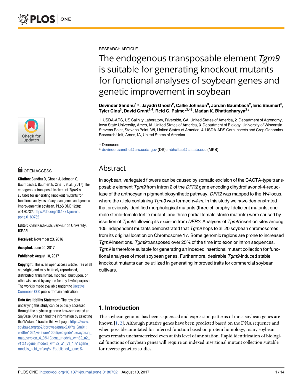 The Endogenous Transposable Element Tgm9 Is Suitable for Generating Knockout Mutants for Functional Analyses of Soybean Genes and Genetic Improvement in Soybean