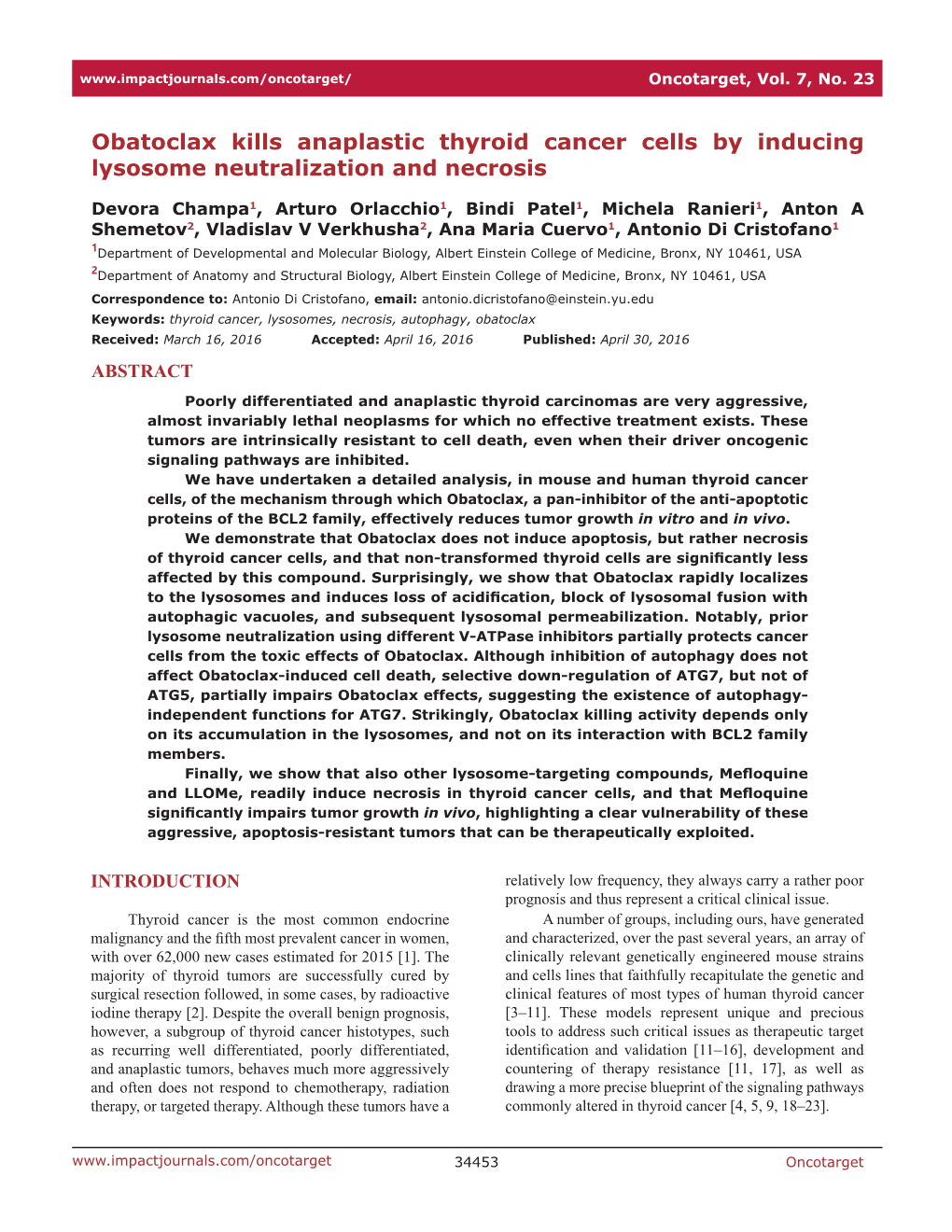 Obatoclax Kills Anaplastic Thyroid Cancer Cells by Inducing Lysosome Neutralization and Necrosis