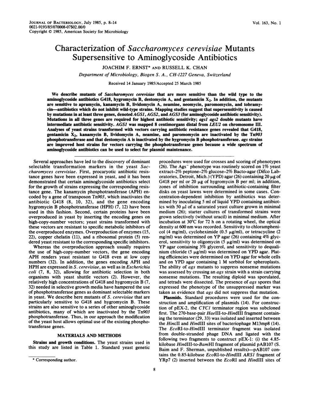 Characterization of Saccharomyces Cerevisiae Mutants Supersensitive to Aminoglycoside Antibiotics JOACHIM F