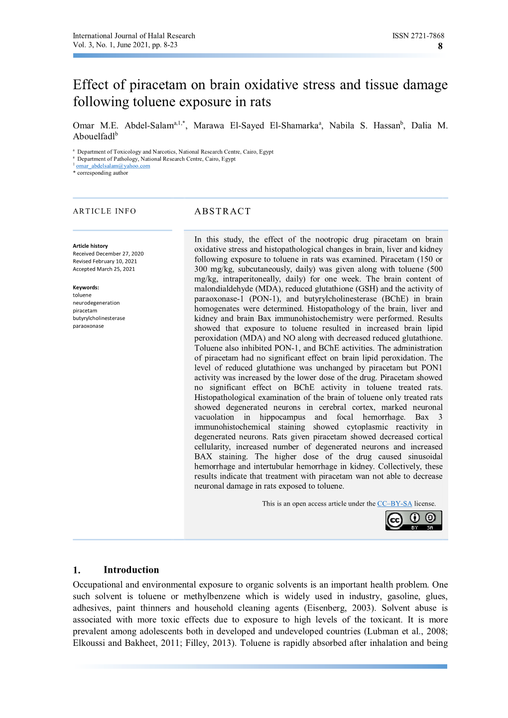 Effect of Piracetam on Brain Oxidative Stress and Tissue Damage Following Toluene Exposure in Rats