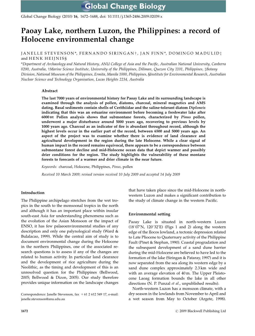 Paoay Lake, Northern Luzon, the Philippines: a Record of Holocene Environmental Change