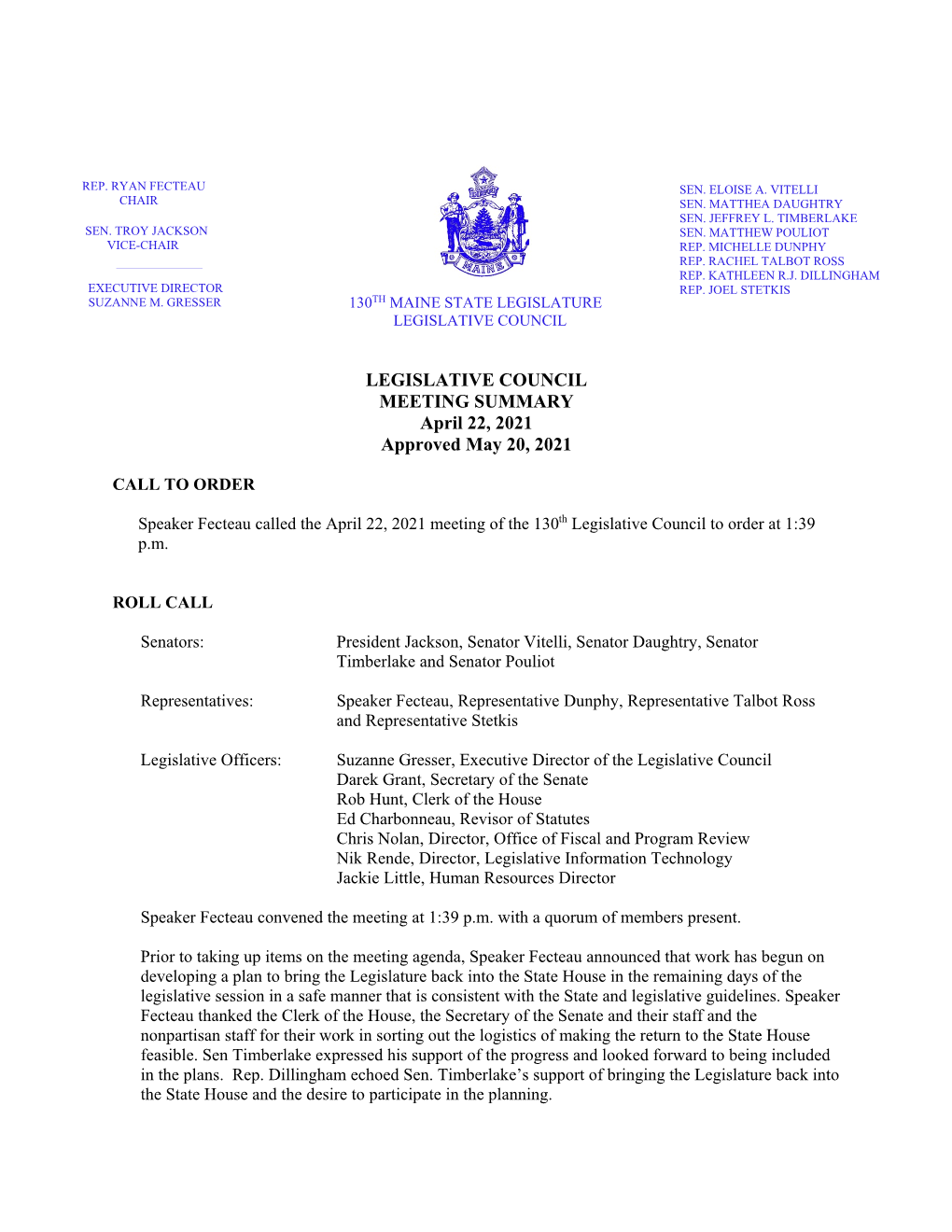 Legislative Council Meeting Summary for 22 April 2021