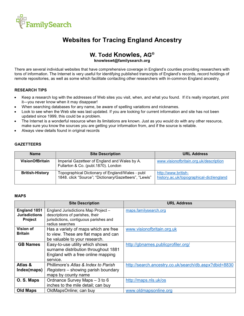 Websites for Tracing England Ancestry W. Todd Knowles